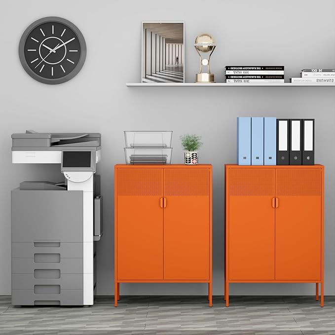 Ustamio Orange 3 Tier Metal Storage Cabinet with Legs, 2 Door Metal Locker Style Accent Storage Cabinet with 2 Adjustable Shelves for Home, Office, Entryway and Hallway