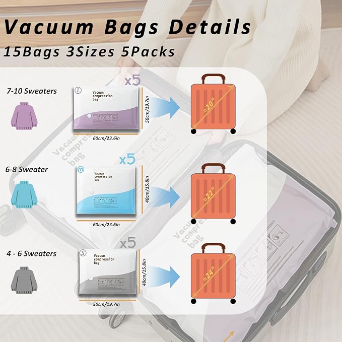 Hanari Vacuum Storage Bags for Travel with Electric Pump, 15 Combo 5(S+M+L) | Save 80% Space|Wireless Electric Pump|Vacuum Bags for Travel|Clothing Storage|1500mAh Battery|4000Pa Suction