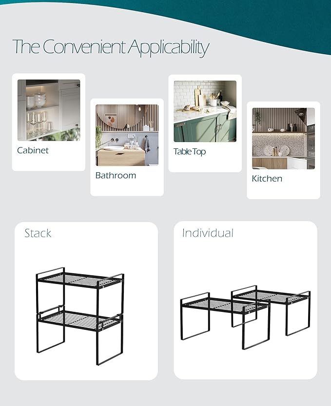 Shantton 2 Pack Kitchen Cabinet Shelf Counter Organizer Rack Pantry Storage Bathroom Bedroom Office Table Desk Space Saving Steel Frame Stackable Rust Resistant Non Slip Black