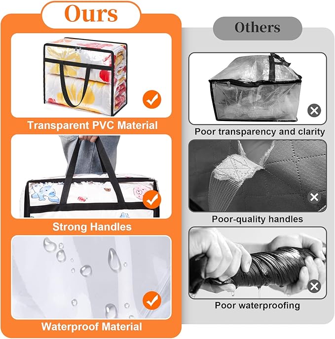 SpaceTrove Clear Clothes Storage Bags, 6 Pack Closet Organizers and Under Bed Storage Containers, Foldable Moving Bags with Zippers for Comforter, Blanket, Bedding, Duvet, PVC Packing Bags 90L