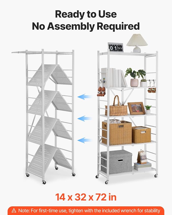 VEVOR 5-Tier Foldable Storage Shelf, 32W x 14D x 72H Inch Folding Metal Rack Shelving Unit, Heavy Duty No Assembly Organizer Shelf with 5 Wheels & 4 Hooks for Pantry, Kitchen, Garage, Basement, White