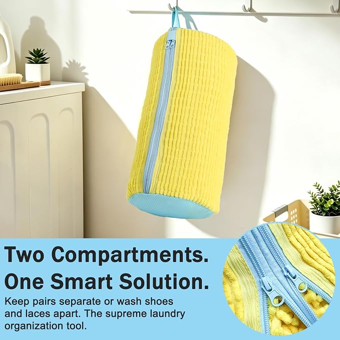 Dual Independent Compartments Shoe Washing Bag for Washer Dryer, Chenille Reusable Laundry Shoe Cleaner Bag for Sneakers Tennis Shoes, Yellow