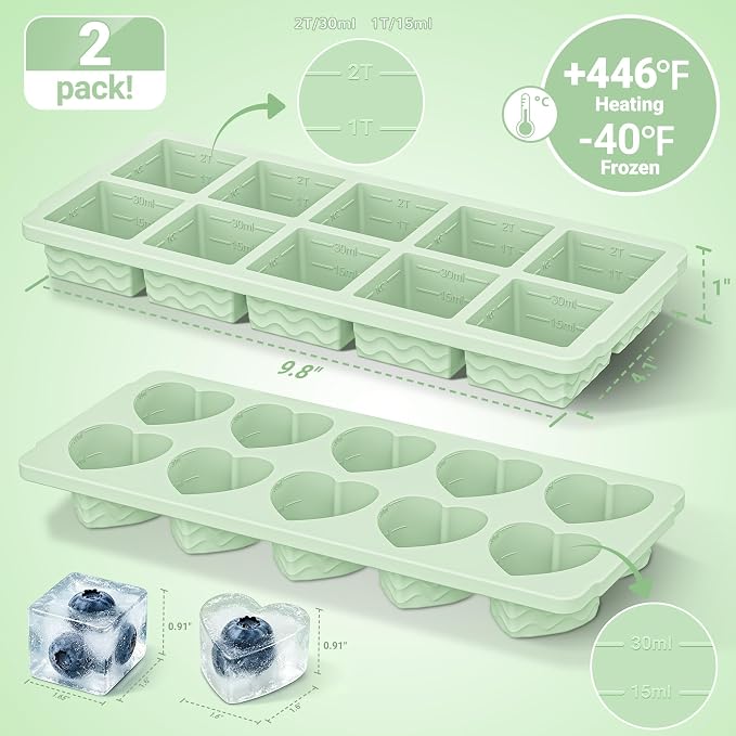 Doasuwish Ice Cube Trays for Freezer with Lids, 2-Tbsp 10-Cube Square & Heart Ice Trays, Covered Ice Molds for Iced Coffee & Cocktails, Freeze 30mL/15mL Portions -2 Pack