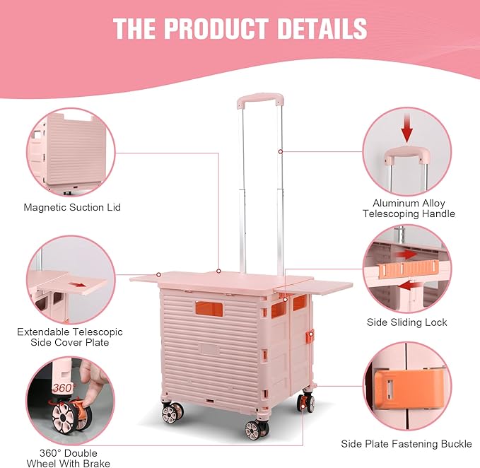 FELICON SELORSS Folding Utility Cart Portable Rolling Crate Handcart with Magnetic Sliding Lid Telescoping Handle Plastic Box Dolly 360°Swivel Wheels for Travel Shop Move Office Teacher Use(Pink Pro)