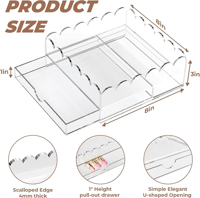 Scalloped Acrylic Tray, 8”x 8” Clear Acrylic Tray with Upgraded 1" Height Drawer for Vanity Jewelry Makeup Organized Skincare Storage, Acrylic Display Tray for Insert Needlepoint Photo Art Home Decor