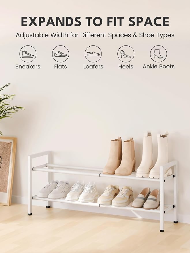 Bumusty 2-Tier Expandable Shoe Rack for Closet, 18“-33” Adjustable Shoe Rack for Small Space, Small Shoe Organizer for Front Door, Sturdy Metal, White