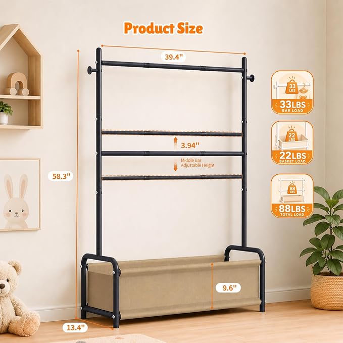 Kids Clothing Rack with Double Rod, Storage Basket & Hooks, Height Adjustable Kids Clothes Rack, Portable Baby Dress Up Garment Rack for Princess Dresses, Black