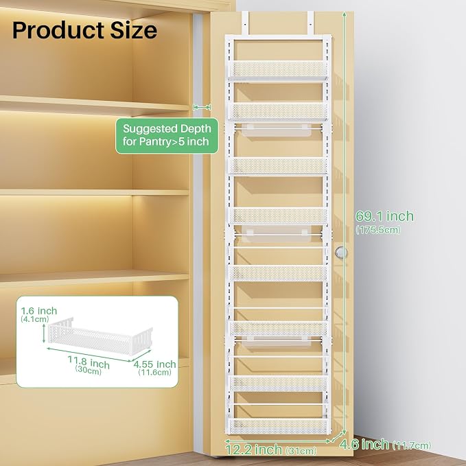 Narrow Over the Door Pantry Organizer - 8 Tiers Height Adjustable Pantry Organizers and Storage with Dense Mesh Baskets, Metal Spice Rack for Kitchen Bathroom (White, 12.2"W x 4.6"D x 69.1"H)