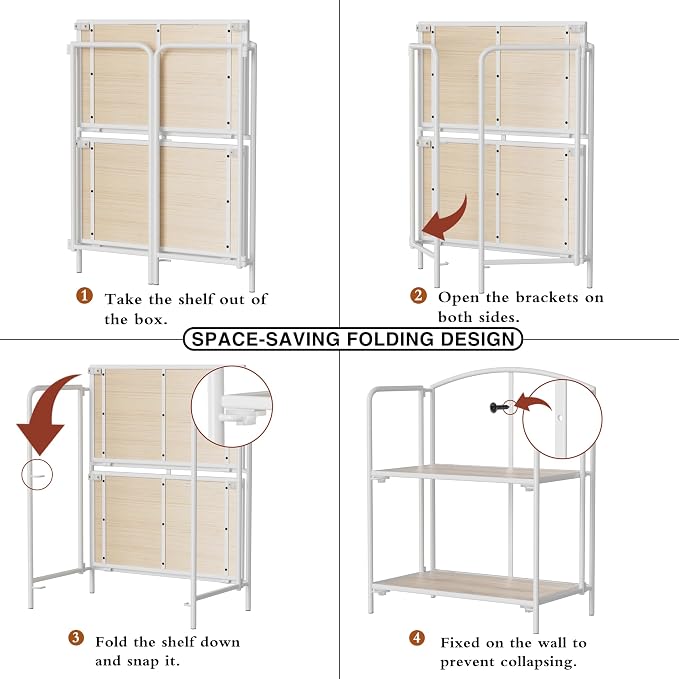 Crofy 2-Tier Foldable Bookshelf, White Frame & White Oak Shelves | No-Assembly Collapsible Portable Storage Organizer; Sturdy White Oak Finish Shelves; Ideal for Living Room & Home Office
