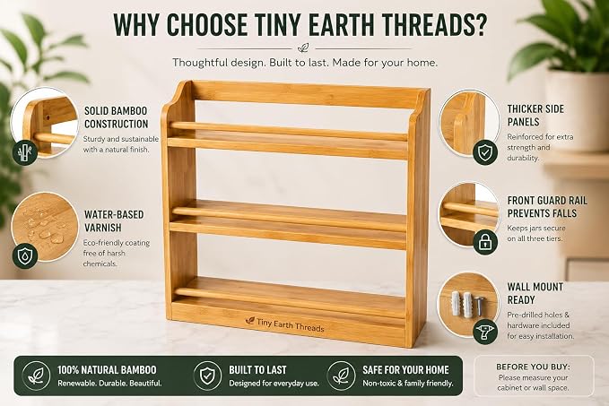 Bamboo Spice Rack Organizer – 3 Tier Bamboo Spice Rack Organizer – Countertop or Wall Mounted – Kitchen Spice Shelf Storage – Space Saving Organizer for Pantry & Cabinet