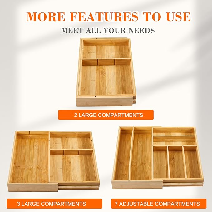 Briwooody Bamboo Sliding Desk Drawer Organizer 9'' up to 18'' x 15'' x 2'' Expandable Office Desk Accessories Supplies Tray with 7 Compartments for Pens, Notebooks, Rulers, and Makeup Jewelry Vanity