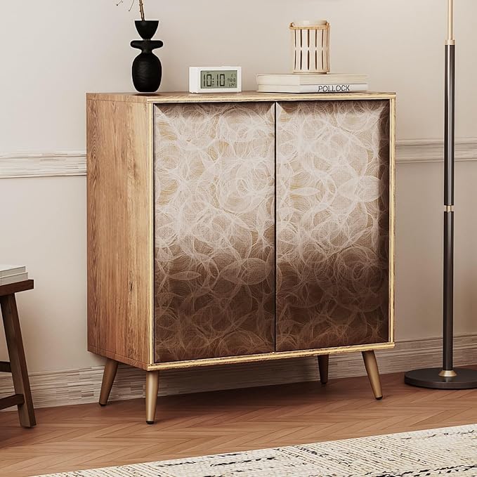 Sideboard Buffet Cabinet with Raised Shaped & Geometric Line Texture Door Panel, Accent Storage Cabinet for Living Room (Cabinet Body- Oak, 2 Door-15 D x 30.8" W x 34.5" H)
