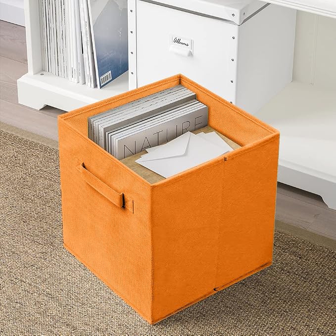 PowerKing Collapsible Storage Cubes, Farbic Storage Bins, Orange, 2 Pack | Sturdy, Lightweight, Easy Pull Handle, Closet & Shelf Organizer, Clothes and Toys Storage, 10.5'' x 11'' x 10.5''
