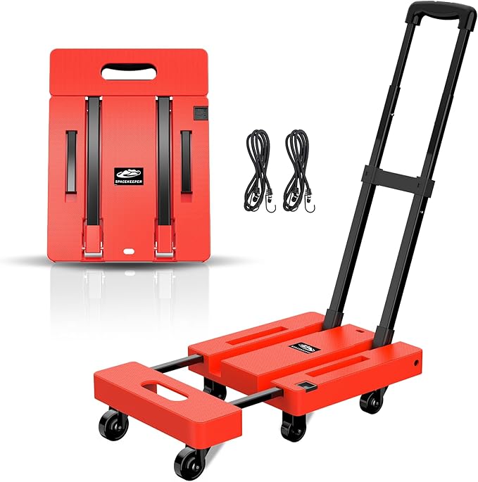 SPACEKEEPER Folding Hand Truck, 500 LB Heavy Duty Luggage Cart, Utility Dolly Platform Cart with 6 Wheels & 2 Elastic Ropes for Luggage, Travel, Moving, Shopping, Office Use, Orange
