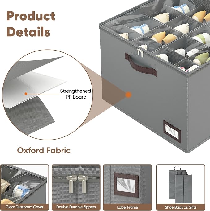 OIAHOMY 2 Pack Shoe Organizer for Closet, Large Foldable Shoe Storage Bins with Dividers and Reinforced Handles, Each Clear Cover Sneaker Box Fits Up to 16 Pairs for Entryway and Bedroom, Grey