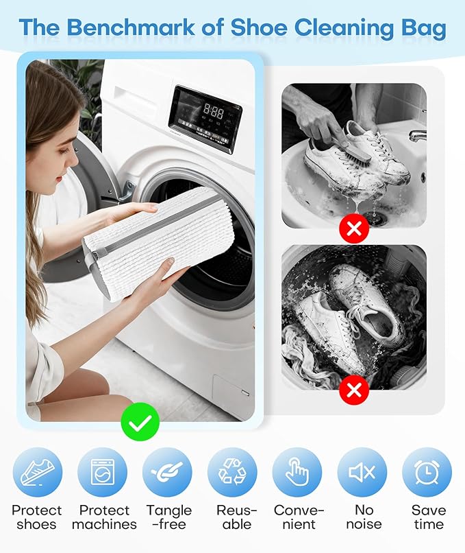3-IN-1 Laundry & Shoe Washing Machine Bag : Laundry Shoe Bag for Washer & Dryer,Shoe Cleaning Bag for Sneakers,Tennis,Self-locking Zipper & Microfiber,Include 3 Laundry Bag & 2 Shoe Bag