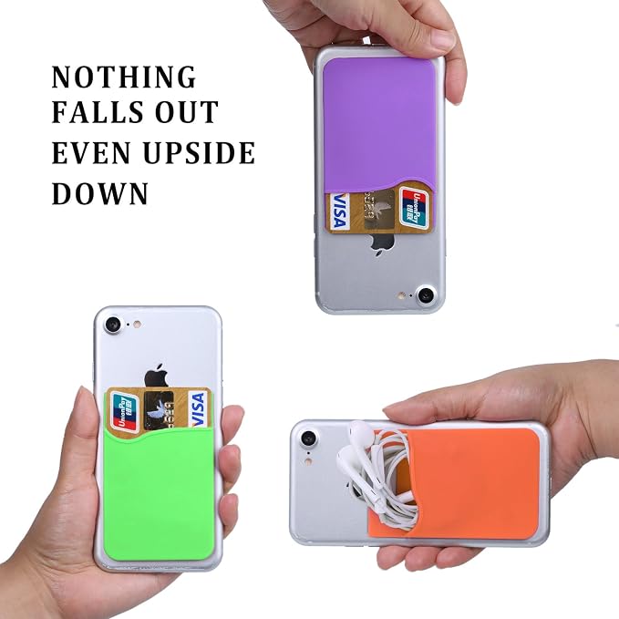 3Pack Cell Phone Card Holder Pocket for Back of Phone,Silicone Stick on Wallet Credit Card ID Case Sleeve Self Adhesive Sticker for iPhone 15 14 13 12 Pro Max,iPad,Samsung Galaxy-Purple,Green,Orange