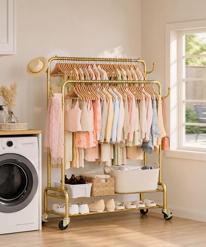 Homde Sturdy Garment Rack for Bedroom: 265 lbs Heavy Duty Clothes Organizer | 2 Hanging Rods Hold Coat to T-Shirt - Easy Roll & Park on Wheels - Metal Frame Stays Solid & Stable at Full Load
