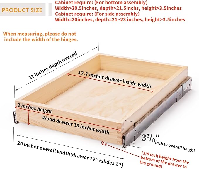 Mulush 20”W x 21”D x 3”H Soft Close Slide Out Wood Drawer Organizer for Kitchen, (Cabinet Width>20.5 inches for Bottom Assembly, Width= 20 inches for Side Assembly)
