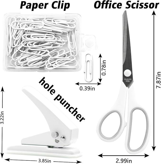 sportsvoutdoors White Desk Accessories, Modern Minimalist Office Supplies Set, Large Stapler, Tape Dispenser, Scissors, Paper Clips, Tabs with Ruler