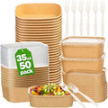 50 Pack 35Oz Disposable Meal Prep Containers With Lids and Forks-Disposable Kraft Paper Bowls-to go food containers-Microwavable and Freezer Safe Take Out Containers for Hot/Cold Food Prep and Salad