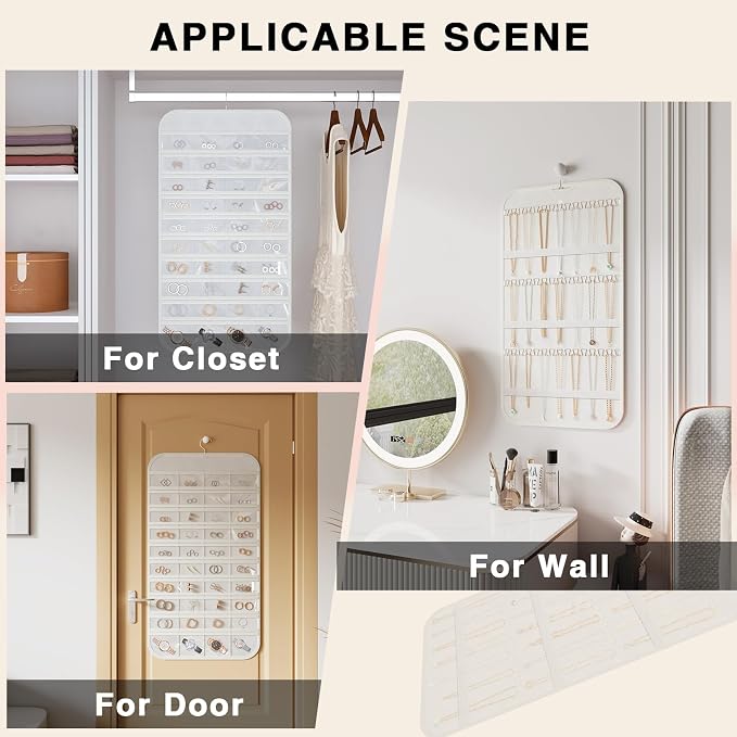 Double-Sided Hanging Jewelry Organizer for Necklaces Earrings, 2-Pack White | Foldable 36 hooks & 40 clear pockets; swivel hook fits walls, doors & rods for earrings, bracelets, rings & small jewelry