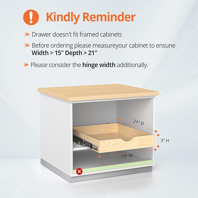 ZOINLIY 15''W X 21''D X 3''H Wooden Pull Out Drawer for Cabinet, Cabinet Organizer for Kitchen, Soft Close Slide Out Shelves, Heavy Duty, Fully Expandable