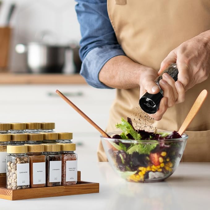 AOZITA 14 Pcs Spice Jars with Bamboo Lids - 4oz Square Spice Bottles with Spice Labels, Shaker Lids, Funnel