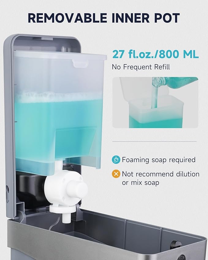 AIKE Foaming Commercial Soap Dispenser,27oz Capacity for Bathroom,Silver | No-Drill and Screw Wall Mount Design for Space-Saving,Large Button and Capacity Dense Foam for Commercial Bathroom,AK1006F