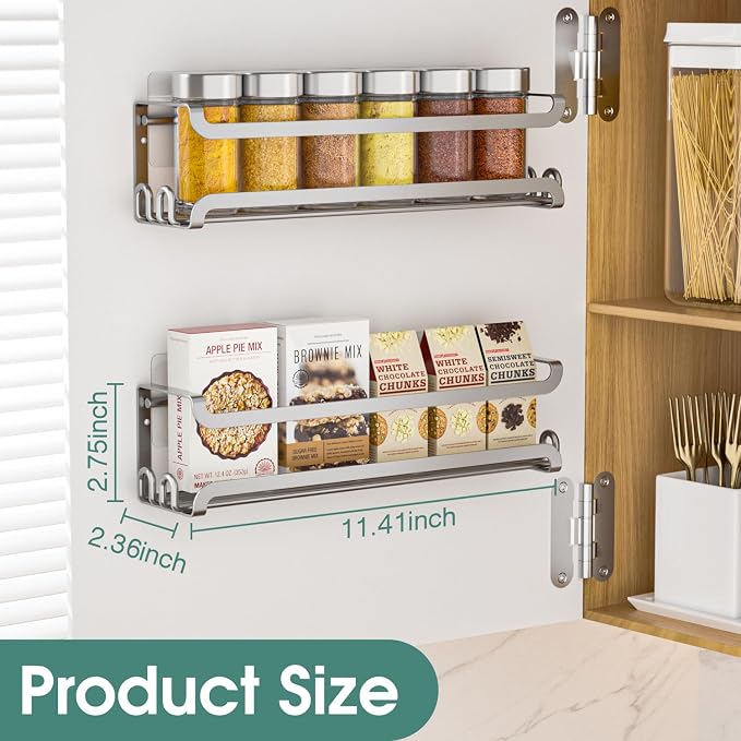 LUCYCAZ 2 Pack Wall Mounted Spice Rack for Spice Jars & Seasonings (Silver) | 8 Metal Hooks, Space-Saving,Screw or Adhesive Spice Shelf Hanging,for Kitchen Cabinet,Pantry Door,RV,Camper Spice Orgnaizer