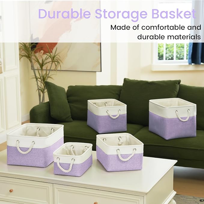 16x12x12 In Foldable Fabric Large Storage Bins with Handle 3 Pack | Storage Basket with Draw String Top, Sturdy Metal Strand, Cardboard Support Molding, for Shelf, Closet, Bedroom, White/Purple
