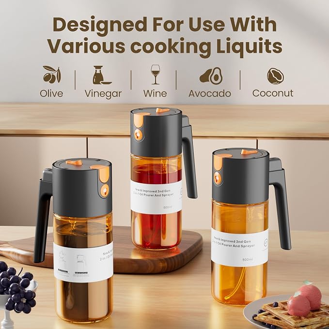 LAKUMIQI 2 in 1 Oil Sprayer & Dispenser, 17 oz Light-Blocking Glass Bottle | Large Capacity, Wide-Mouth for Easy Pouring and Cleaning, Leak-Proof Oil Bottle with Stickers for Salads, Air Fryers, BBQ