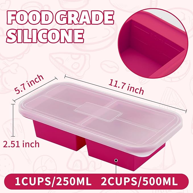SHIKORI Silicone Freezer Trays with Lid,4-cup Soup Freezer Container large Ice Cube Molds with Reinforced Steel Ring Top for freezing Soup Sauce Broth Leftovers oven Dishwasher-Safe (Cranberry-2 Cup)