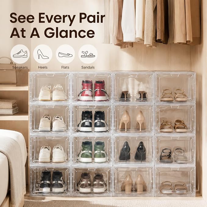 Clear Shoe Storage Box, 2026 2nd Gen Thickened Hard Plastic Stackable Organizer with Magnetic Door, Folding Shoe Rack for Closet, Large Sneaker Display Case for Sneakers and Ankle Boots,1 Pack