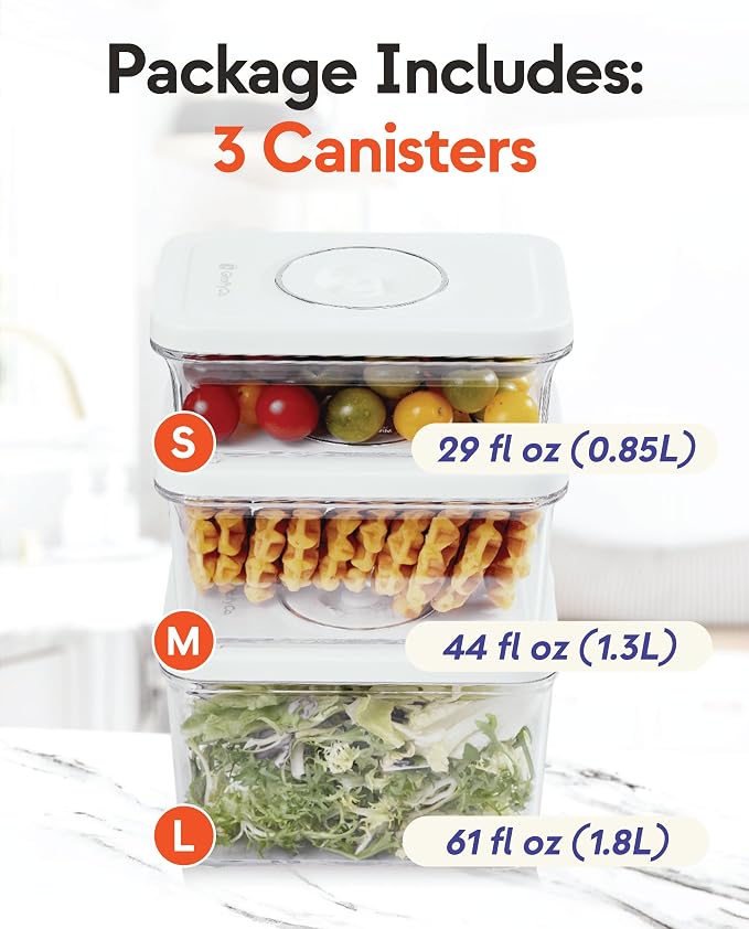 GIRAFFYCO 3-Piece Vacuum Food Storage Canister Set, BPA-Free Clear | Airtight Canisters with Vacuum-Compatible ABS Lids & AS Body, Reusable Storage for Fridge, Meal Prep, Fruit & Snacks