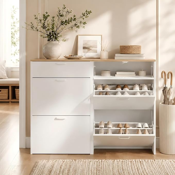 VINGLI Set of 2 Shoe Cabinet Storage for Entryway, Ultra Slim Shoe Organizer with 2 Flip & 1 Drop-Down Drawers, 2-Pack Narrow Shoe Cabinet 24.8" W for Front Door, Freestanding Modern White Shoes Rack