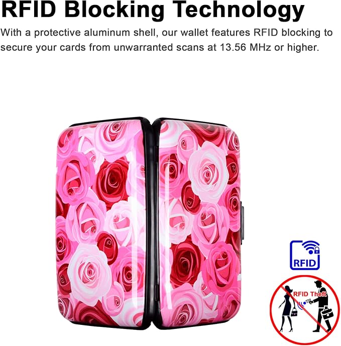 Credit Card Holder, Metal Card Wallet RFID Blocking Mini Slim Aluminum Business Hard Card Case for Women Men (Roses)