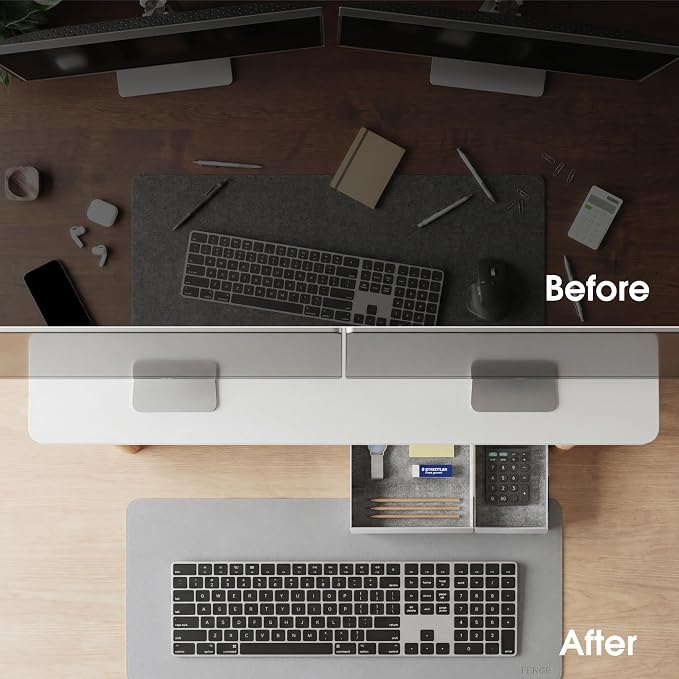 Fenge 42.5" Monitor Stand with Storage Drawers, Minimalist Monitor Riser with Solid Ash Legs and Cable Management, Wooden Desk Shelf for Home Office Workspaces, White