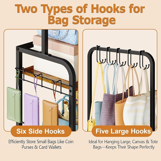 4-Tier Purse Organizer for Closet with 5 Purse Hanger, Tall & Vintage Purse Rack Stand for Purse Storage with 6 Side Hooks, Adjustable Handbag Organizer, Purse Storage Organizer for Small Place