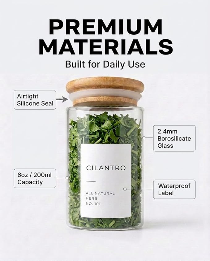 Bloomondo Glass Spice Jars with Label Pack (12x Bamboo Lid Glass Jar) Small 6oz Empty Spice Storage Bottles with 112 Printed Stickers and 48 Writable Pantry Labels for Seasoning Containers
