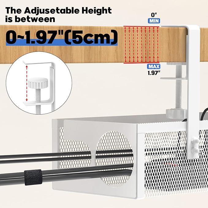 Under Desk Cable Management Tray No Drill 15.1’’, Metal Mesh Cable Management Box with Hybrid Side Slots & Reinforced Basket,Adjustable Cable Tray with Wire Management for Office Home,1 Pack (White)