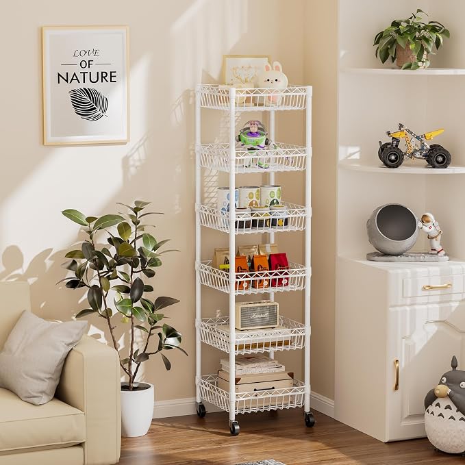 SINGAYE 6 Tier Shelf Wire Shelving Adjustable Storage Shelves Basket Rack | Adjustable Shelves with Wheels Metal Storage Unit Closet Bathroom Organizers Pantry Kitchen Garage Laundry Room White