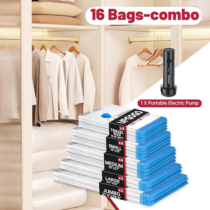 UPGOGO Combo 16 Pack Vacuum Storage Bags with Portable Electric Pump,Vacuum Seal Bags for Clothing,Space Saver Bags,Vacuum Travel Bags for Luggage