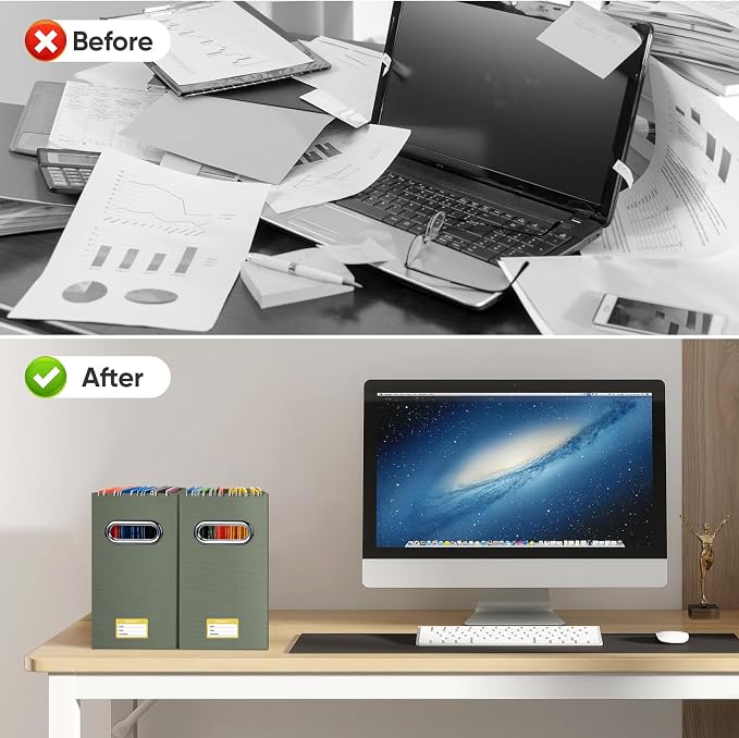 BALEINE File Organizer Box, Cardboard File Folder Organizer with Handle for Letter Size, Portable Collapsible Hanging Filing Box for Home Office Document Storage (2 Pack,Olive)