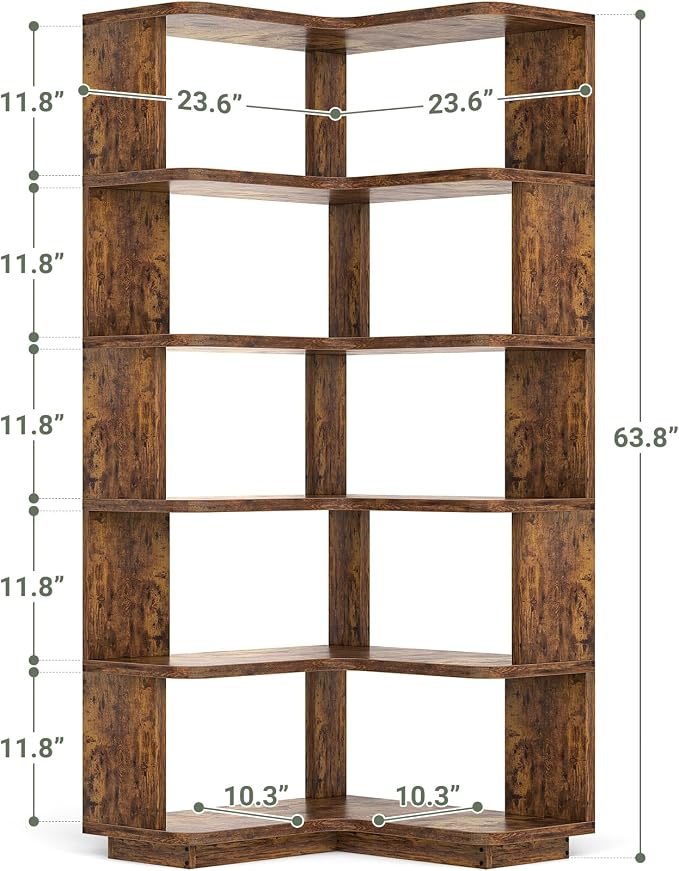 Armocity Corner Book Shelf - 6 Tier Corner Bookshelf Etagere Bookcase with Baffle, Freestanding L Shaped Display Shelf Stand for Home Office, Living Room, Bedroom, Kitchen, Rustic Brown