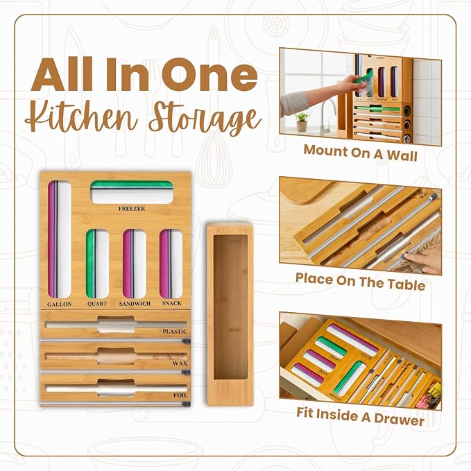 9 in 1 Storage Bag Organizer for Kitchen Drawer, Bamboo Foil and Plastic Wrap with Cutter, Ziplock Bag Organizer for Quart, Gallon, Sandwich & Snack Bags - Aluminum Foil Organizer