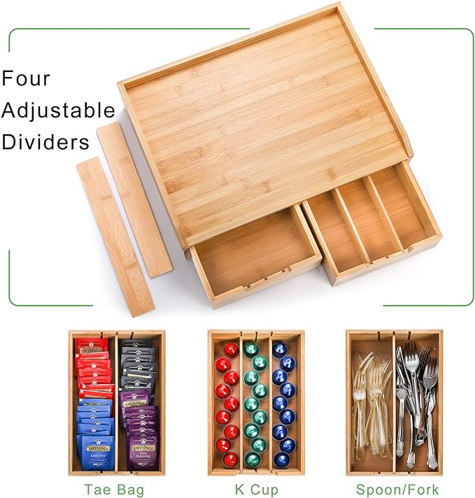 SOUJOY Bamboo 2 Drawer Coffee Pod Organizer with Side Box for K Cup Tea Bag | Space-Saving, Eco-Friendly, Natural Bamboo Organizer for Kitchen Counter, Coffee Bar, Office
