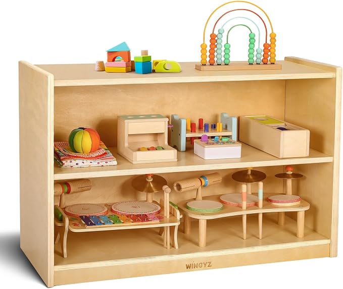 WINGYZ Wooden Storage Cabinet, 2-Tier Kids Toy Storage Organizer, Spacious Montessori Kids Bookshelf, Toy Shelf Storage Organizer for Playroom Classroom Nursery Study Room Living Room