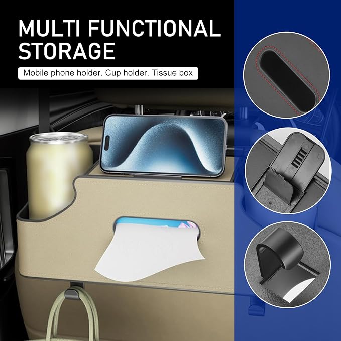 Car Seat Back Storage Box, Multifunctional Cup Holder Tissue Holder Mobile Phone Bracket, Portable Hanging Organizer for Handbags Wallets, for Most Cars Storage Accessories (Black)