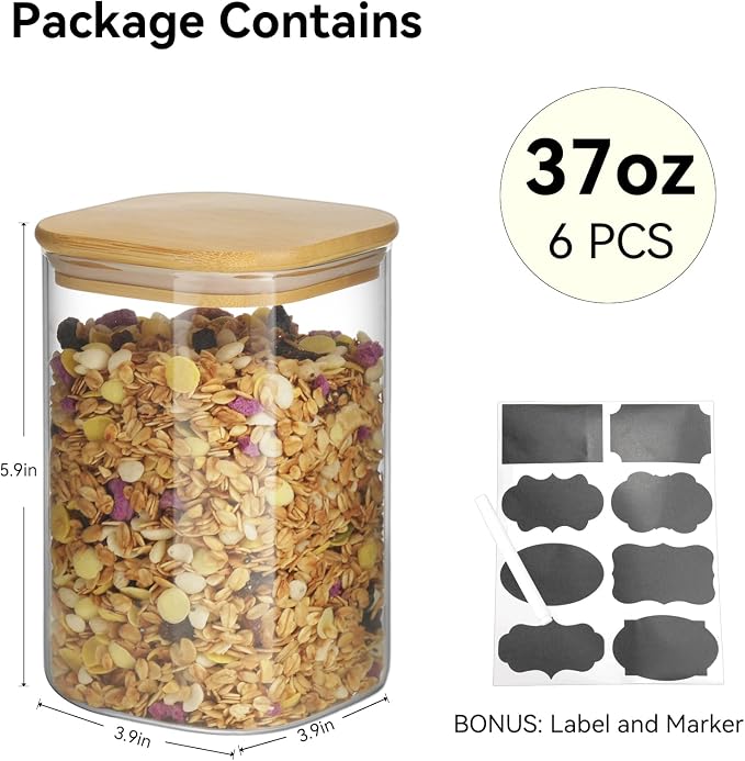 6 Pack Glass Pantry Storage Jars - 37oz Airtight Food Storage Containers Set with Bamboo Lid Labels, Square Kitchen Pantry Canister Organizers for Cookies Candy Coffee Bean Sugar Tea Spice Cereal